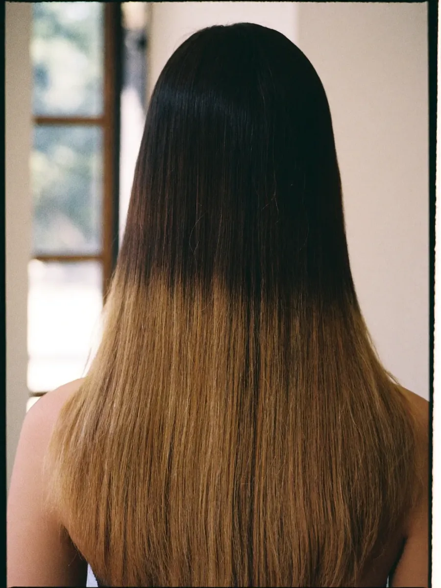 A finished colour, seen from behind, dark hair with warm caramel lengths