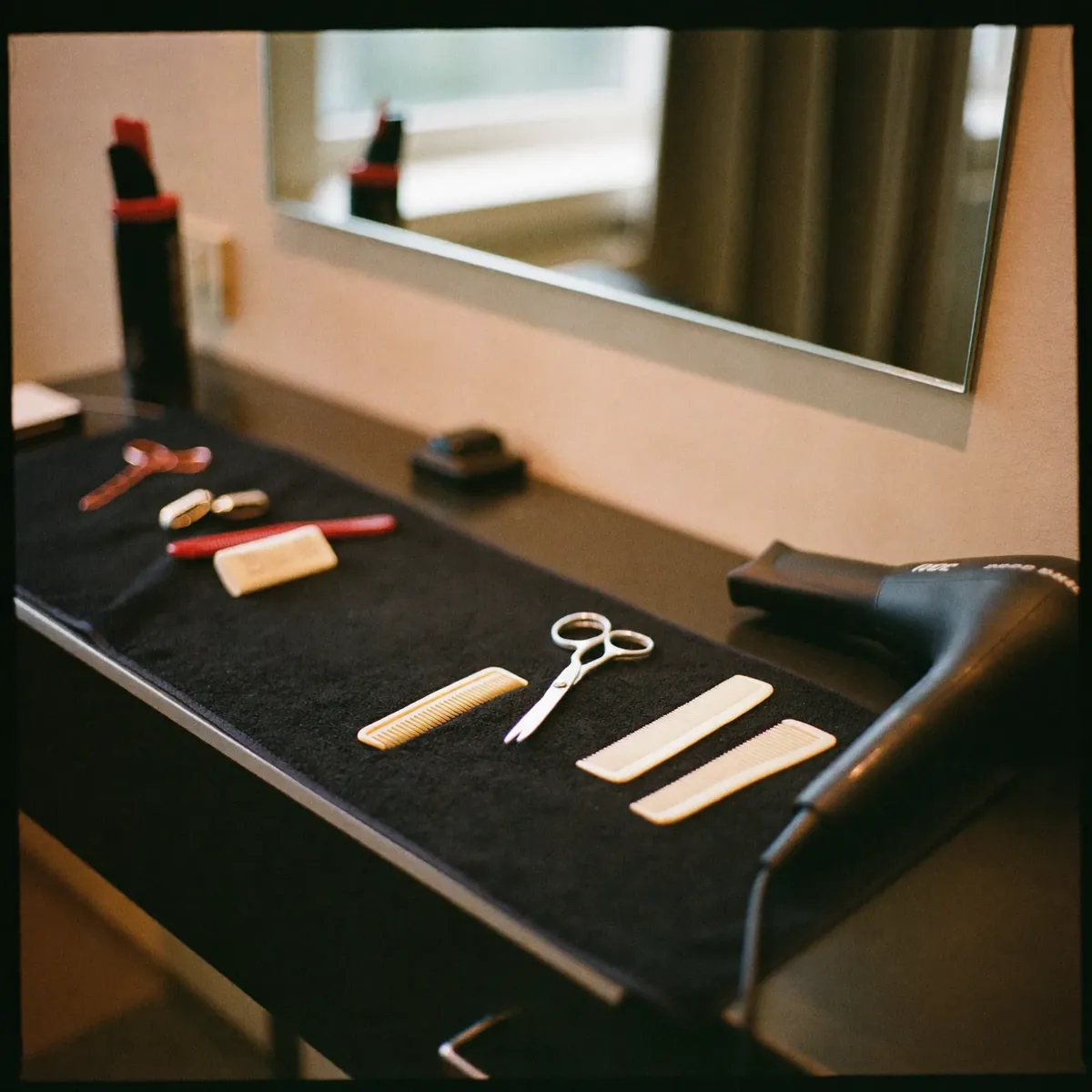 A salon station: scissors, combs, clips and a folded towel laid out on the counter